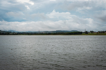beautiful lake with mountain and amazing sky background