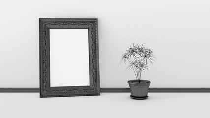 Black baguette frame and flower in a pot. 3d render.