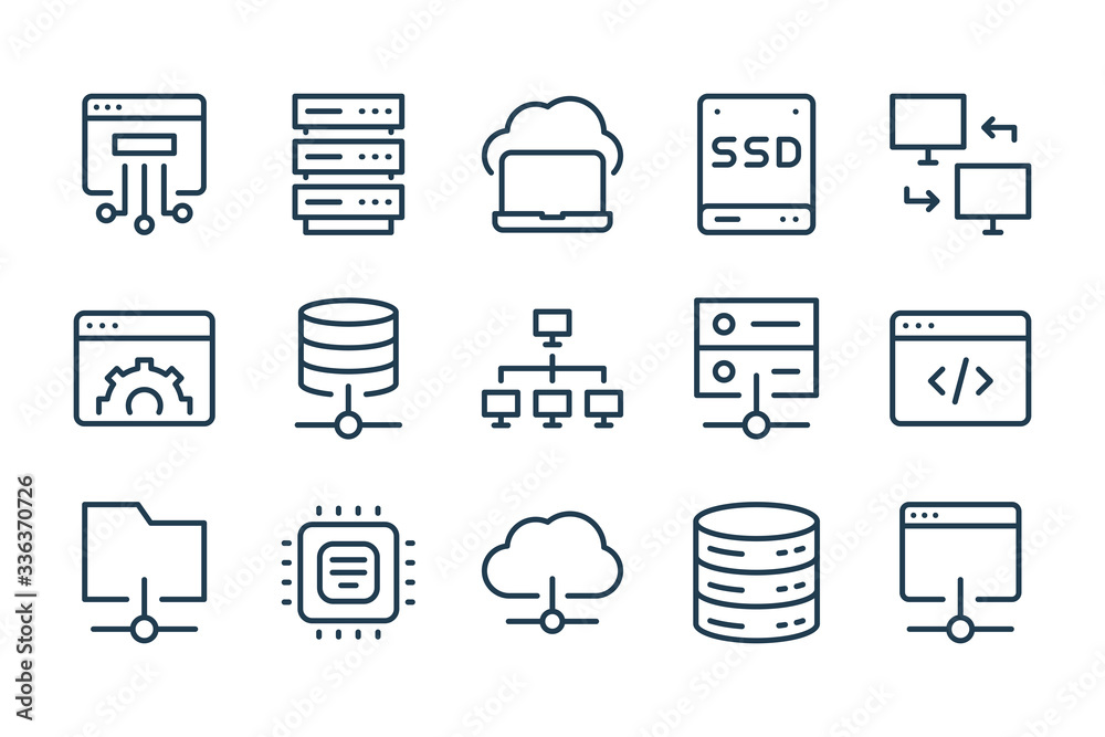 Poster database, server and cloud service line icons. network and technology vector linear icon set.