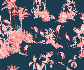 Red Cranes in Tropical Jungles with Palms and Exotic Trees, Lithography Chinese Design Exotic Wildlife in Tropics, Red on Navy Blue Background - 336370731