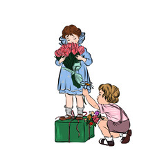 Girl with a bouquet of tulips stands on a gift in vintage elegance blue dress. Little princess in retro style clothes. 