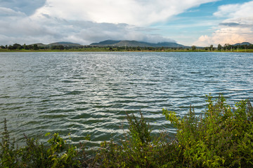 beautiful lake with mountain and amazing sky background