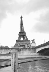 Eiffel tower in black and white on a rainy day, Paris, France