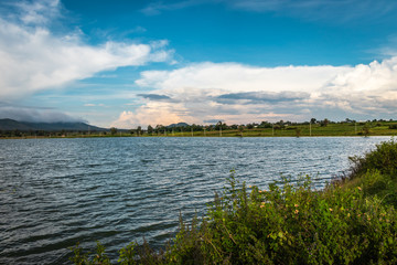 beautiful lake with mountain and amazing sky background