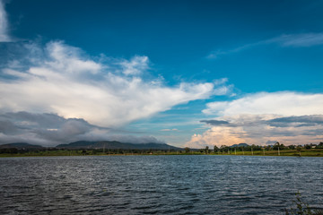 beautiful lake with mountain and amazing sky background