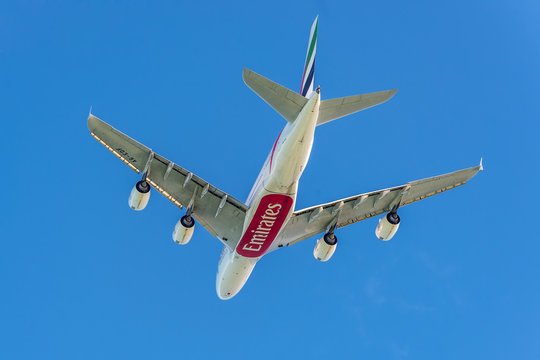 Plaisance, Mauritius - December 27, 2015: The Airbus A380-841 aircraft of Emirates Airlines takeoff from the Sir Seewoosagur Ramgoolam International Airport (MRU), Plaisance, Mauritius