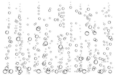 Black fizzing air bubbles in water on white  background. .