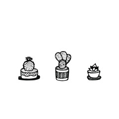 Hand drawn floral illustration isolated on the white background. Vector home cactuses in flower pots. Collection of home flowers in doodle flat style. Natural eco logo. Floral emblem. Exotic plants.