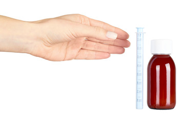 Child antipyretic syrup in glass bottle.
