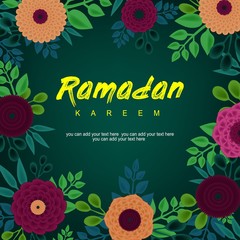 Ramadan Kareem greeting background  decorated with flowers, leaves. Paper cutting style floral design Ramadan Kareem greeting card template Islamic vector background design