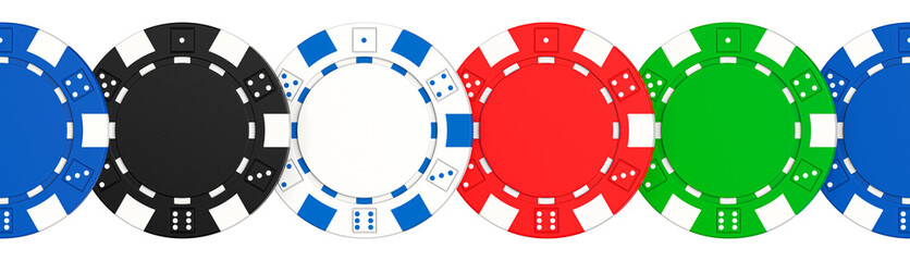 Naklejka premium Colored casino chips seamless pattern isolated on white background. 3D rendering illustration of poker chips.