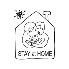 Icon Let’s stay home. Family in the house. Linear style logo for mobile concept and web design. Flat symbol illustration. Business concept with text. Virus molecules outside around
