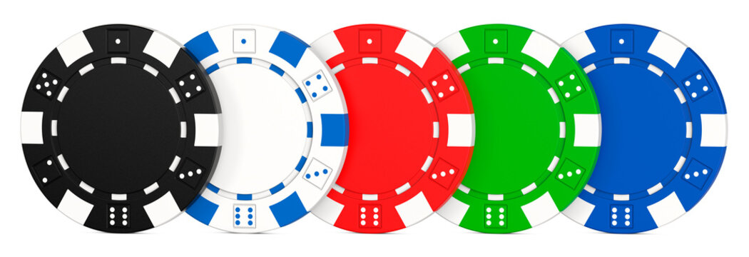 Colored casino chips in a row. 3D rendering illustration of poker chips isolated on white background. 