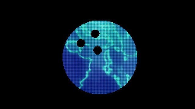 The symbol bowling ball is assembled from small balls. Then it shimmers with blue. It crumbles and disappears. In - Out loop. Alpha channel Premultiplied - Matted with color black