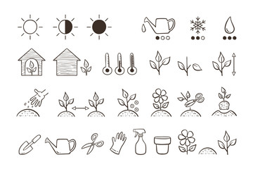 Plant icon set. Collection of icons for descripting the characteristics and needs of each type of plant. Doodle vector icons isolated on white background.