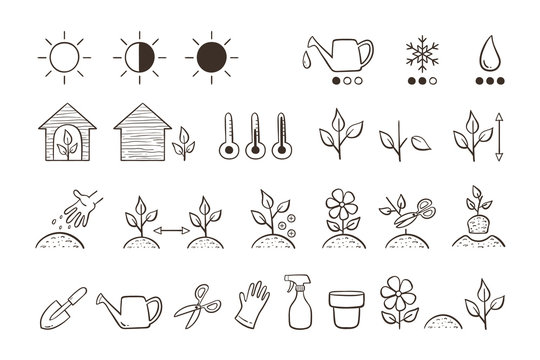 Plant icon set. Collection of icons for descripting the characteristics and needs of each type of plant. Doodle vector icons isolated on white background.