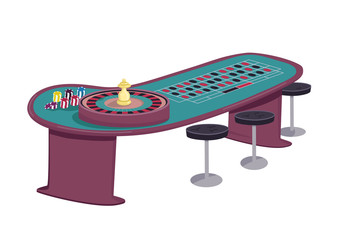 Casino cartoon vector illustration. Roulette table with empty seats around flat color object. Spin wheel and make bet. Put stack of chips on black spot. Gamble game desk isolated on white background