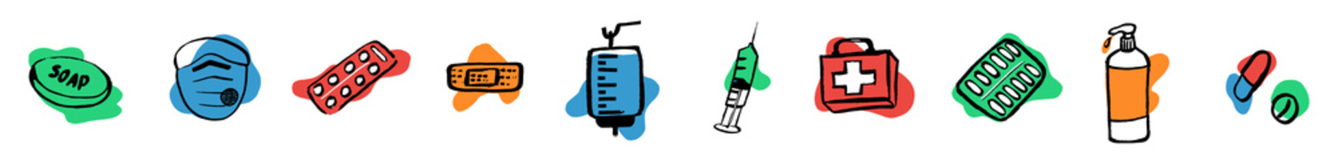 Medication, pharmaceutics concept. Vector illustration Medicine, pharmacy. Various meds set is protected against disease and drug prevention. Background. Wallpaper