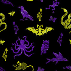 Seamless pattern with animals and insects illustration for halloween