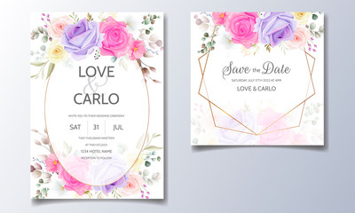 Wedding invitation card template set with beautiful floral leaves