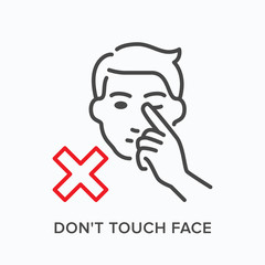 Touching face line icon. Vector outline illustration tacking hands away from head. Warning hygiene in pandemic pictorgam for illness prevention