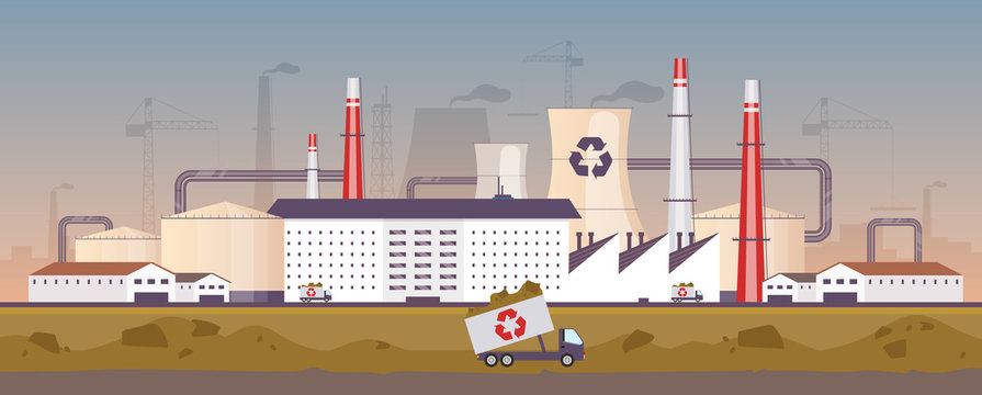 Waste management plant flat color vector illustration. Recycling factory 2D cartoon landscape with chimneys on background. Industrial trash processing facility panorama. Garbage disposal business