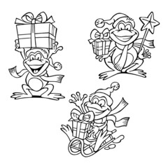 Frogs with Santa hat and scarf with xmas presents on sledge and with magic wand, christmas motifs, black and white cartoon set