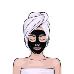 Woman has a beauty mask on her face. black peel off mask. Acne Pore Cleaning Salon Treatment. Blackhead Removal. Purifying Facial Masks. Natural Activated Charcoal. Isolated vector illustration