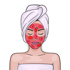 facial mask of strawberry homemade or in beauty salon. Young woman put on beauty spa treatment face mask. Natural organic skin care cosmetic procedure. red berries. Isolated Vector illustration