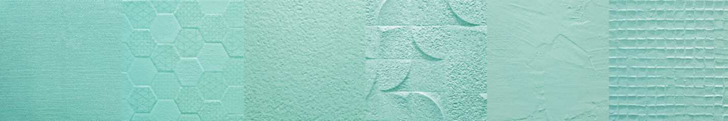 Aqua menthol set of ceramic tiles for wall and floor decoration. Concrete stone surface background. Stucco solid texture with abstract and geometric pattern for interior design project.