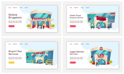 Fototapeta na wymiar Shop front landing page flat color vector template set. Online pharmacy homepage layout. Airport taxi service one page website interface with cartoon illustration. Legal advisor web banner, webpage