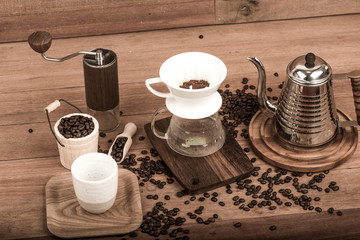 Drip coffee set on table wooden  in a coffee shop.