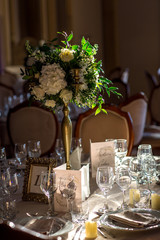 Beautiful decoration for special event. Bouquet of flowers on table