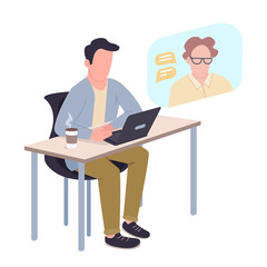 Guy studying at home flat color vector faceless character. Student communicating with teacher online isolated cartoon illustration for web graphic design and animation. Distance internet education