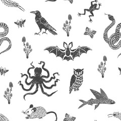 Seamless pattern with animals and insects illustration for halloween