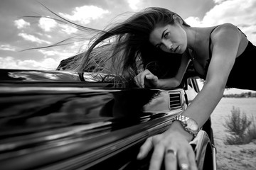 black and white, car, hairstyle, fashionable, youth, photo, one, alone, lady, sexy, pretty, cute, clouds, traveler, outdoors, portrait, happy, beautiful, female, attractive, girl, wind, woman, young, 