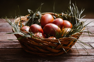 easter, basket, eggs, red eggs, bunny, grass, green grass, spring, holiday, seasson