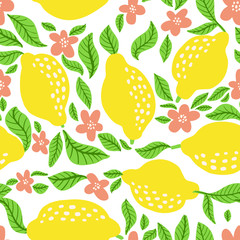 Lemon fruit pattern. Seamless summer citrus pattern with lemons, leaves and blossom flower. Vector illustration.