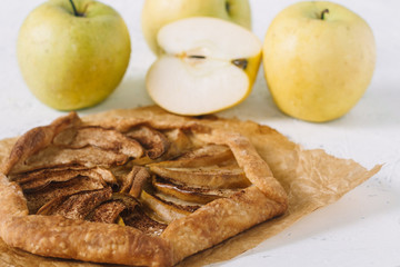 Gallet with apples on a white background. Seasonal dishes. Diet Baking