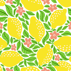 Lemon fruit pattern. Seamless summer citrus pattern with lemons, leaves and blossom flower. Vector illustration.