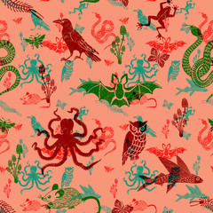 Seamless pattern with animals and insects illustration for halloween in old style