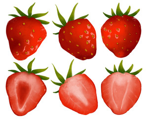 Set of sweet strawberries isolated on white background. Cut strawberries