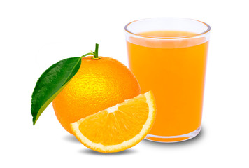 glass of fresh orange juice with tangerine or mandarin orange fruit and  green leaf isolated on white background.