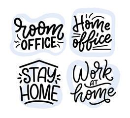 Set with lettering slogans about stay home, typography posters with text for self quarine time. Hand drawn motivation card design. Vintage style. Vector
