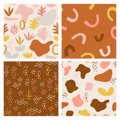 Set of abstract patterns with hand drawn abstract shapes, leaves, blobs. Tropical summer, trendy, scandinavian kids fabric, wrapping texture, textile, wallpaper, poster, apparel. 