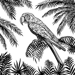 Parrot on palm leaf vector background. Tropical summer hand drawn design with macaw .