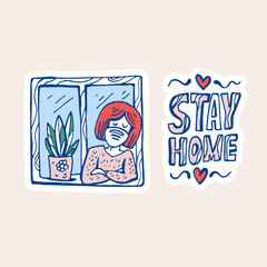 I stay at home awareness social media campaign and coronavirus prevention: Girl in the window, plant.