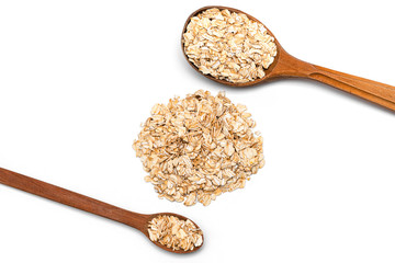 oat flakes and two wooden spoon on a white background