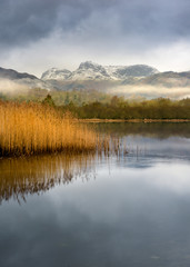 Peaceful Winter Morning With Snow On Mountains Reflecting In Calm Water, Lake District National Park, United Kingdom.