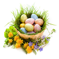 Easter. Congratulations on the spring holiday of Easter. Multi-colored eggs in a basket decorated with flowers. Isolate on white background